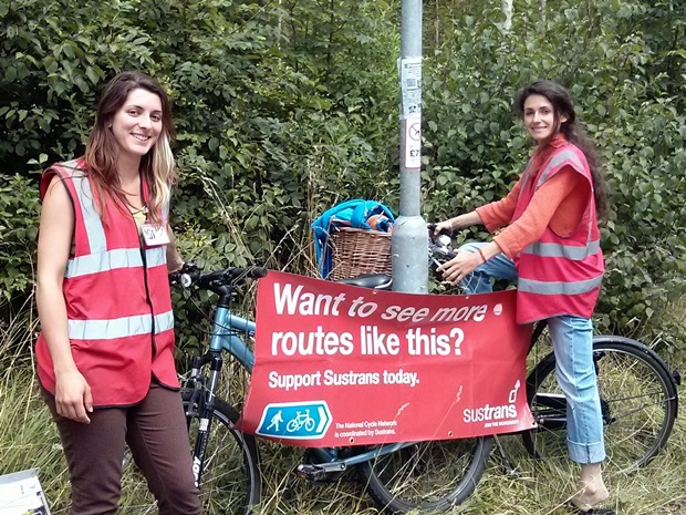 Sustrans staff speaking to cyclists and walkers