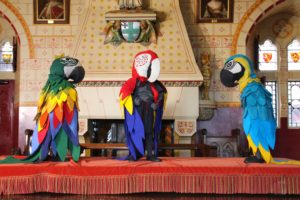 Parrot sculptures on a table