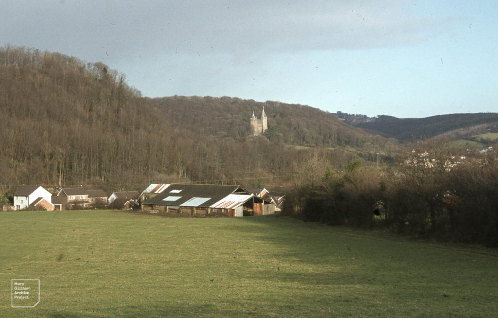 Castell Coch and Tongwynlais over Morganstown from South of Little Garth, December 1982