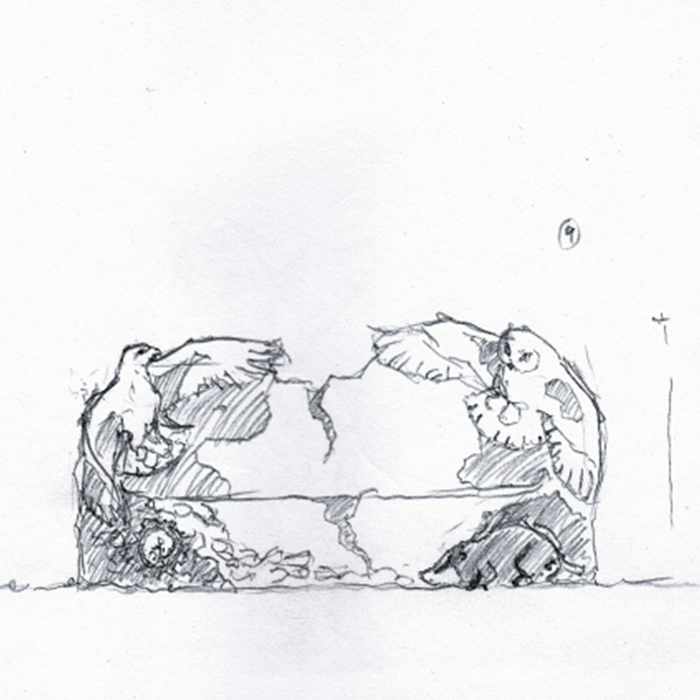 Drawing of a sculpture of a bench featuring a bird at each end