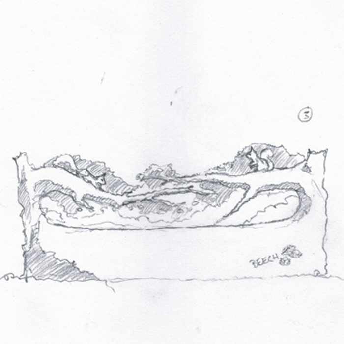 Drawing of a wooden bench featuring red squirrels