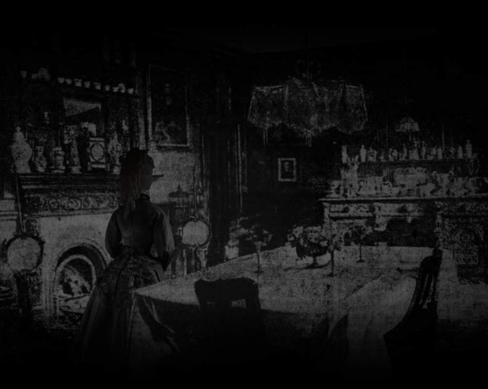 Composite image of a female figure in an old dining room