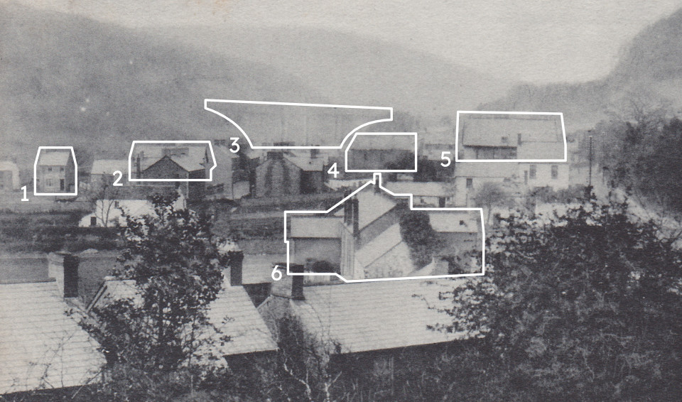 Black and white postcard of Tongwynlais from 1907 with buildings outlined.