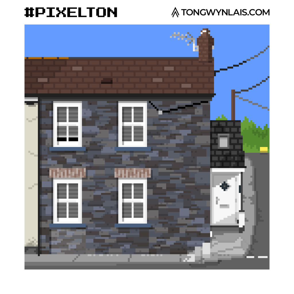 Pixel art illustration of the blue stone house
