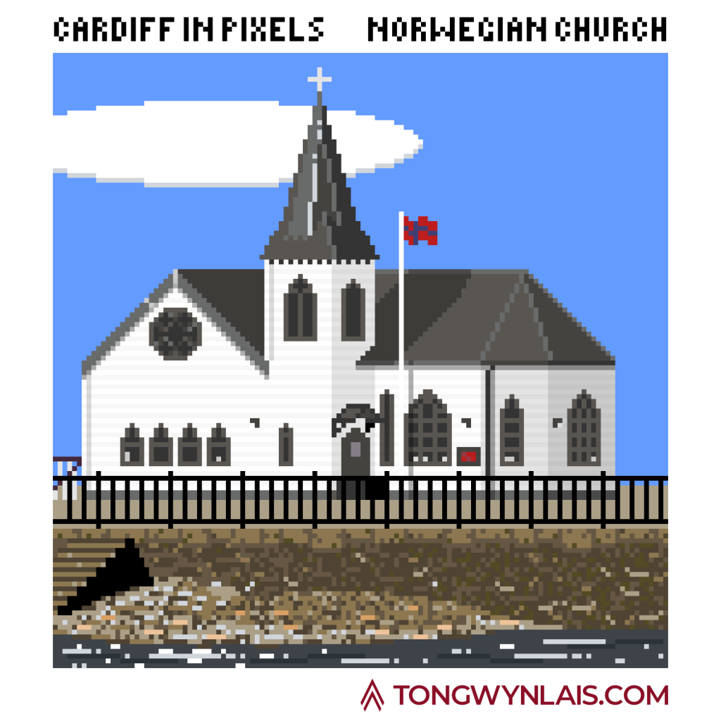 Pixel art illustration of the Norwegian Church in Cardiff
