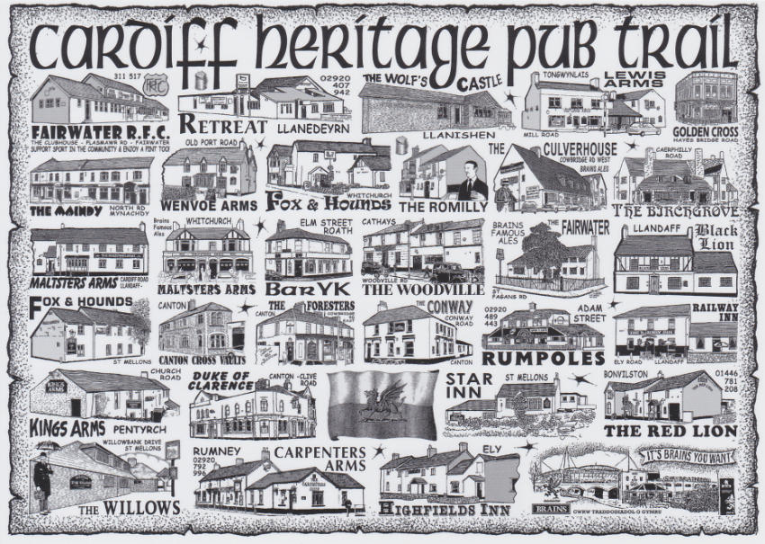 Postcard featuring several illustrations of Brains pubs in Cardiff