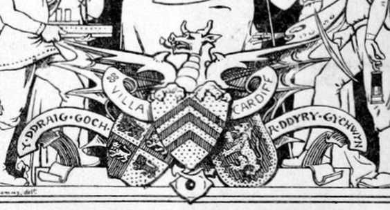 Image of a dragon above three shields