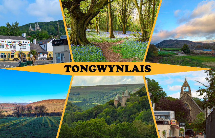 Illustration of a postcard featuring views of Tongwynlais.