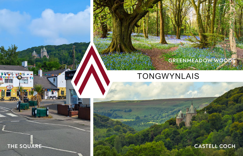 Illustration of a postcard featuring views of Tongwynlais.