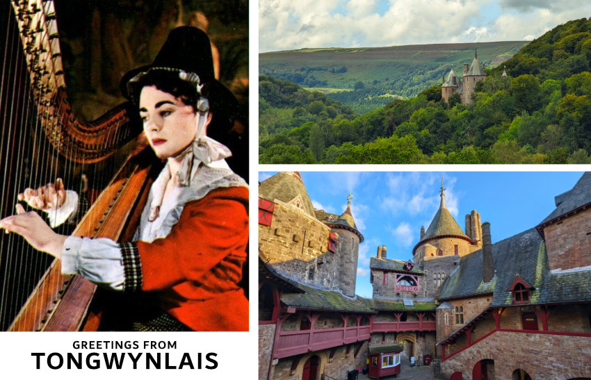 Illustration of a postcard featuring views of Castell Coch.