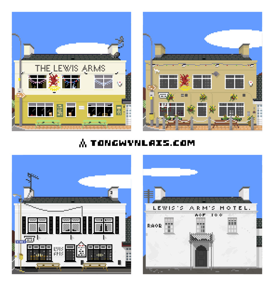Collection of pixel art illustrations of The Lewis Arms