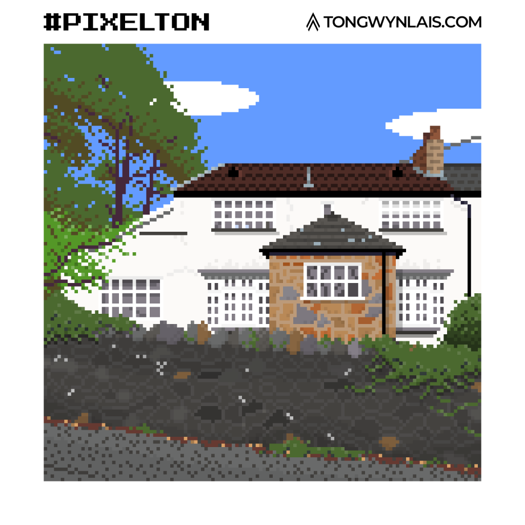 Pixel art illustration of an old white house on Ironbridge Road.