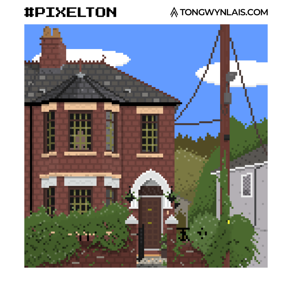 Pixel art illustration of a brick residential house with bay windows