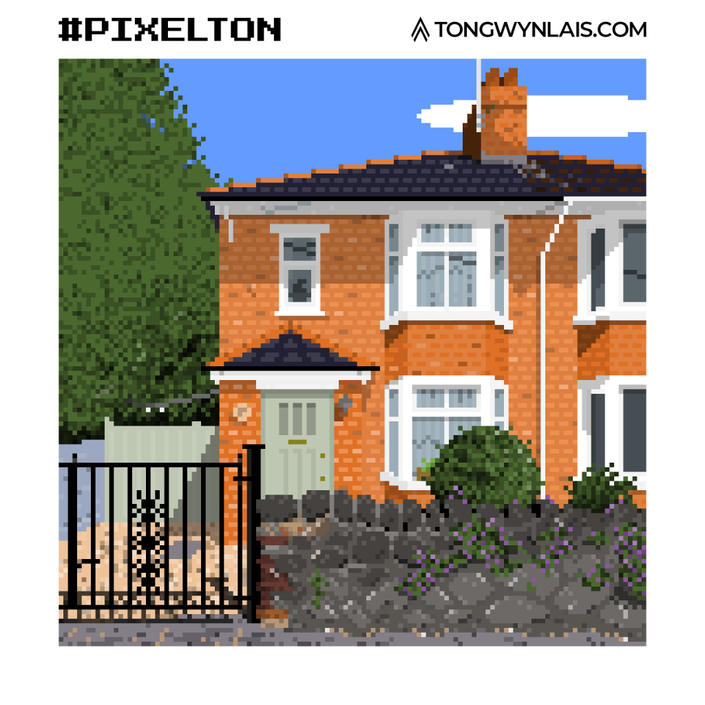 Pixel art illustration of a residential brick house with green door