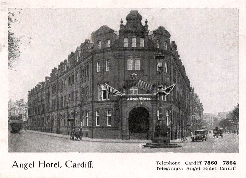 An old photo of the Angel Hotel with the Cardiff Arms on the facade