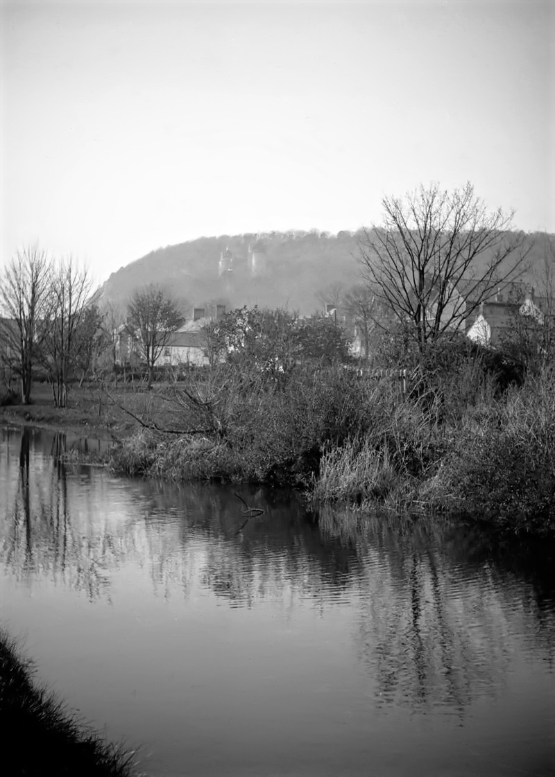 The Glamorganshire Canal with Tongwynlais and Castell Coch in the distance.