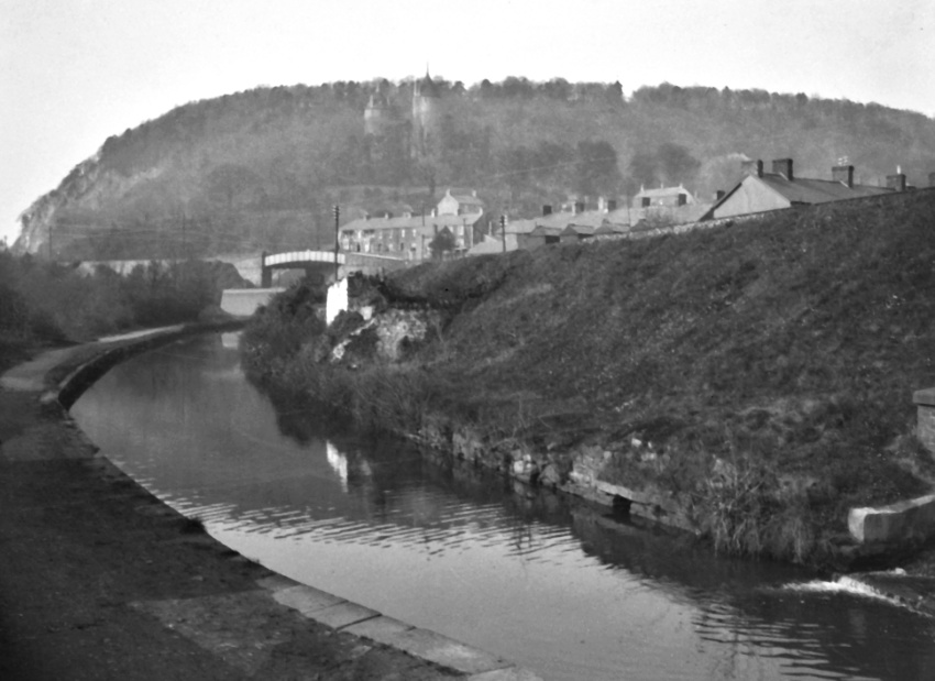 The Glamorganshire Canal with Tongwynlais and Castell Coch in the distance.