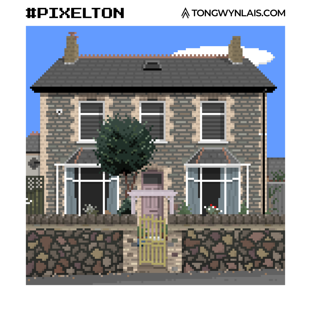 Pixel art illustration of a stone cottage