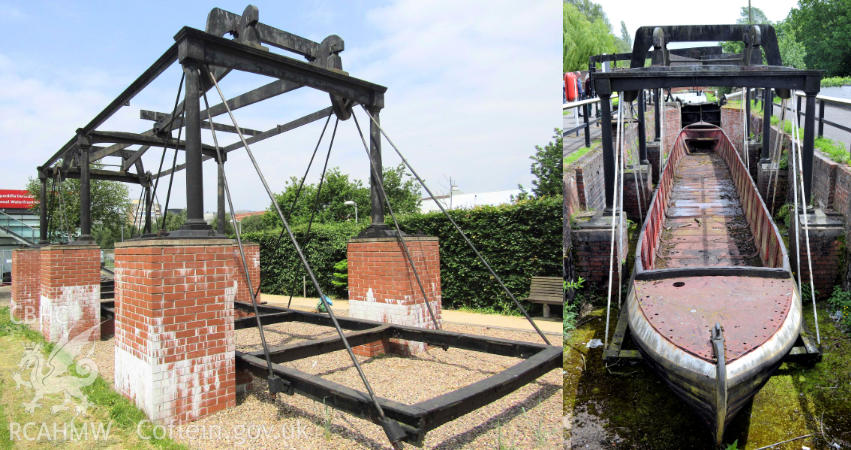 Two photos of the canal boat weighing machine on display at Swansea National Waterfront Museum and Stoke Bruerne Canal Museum.