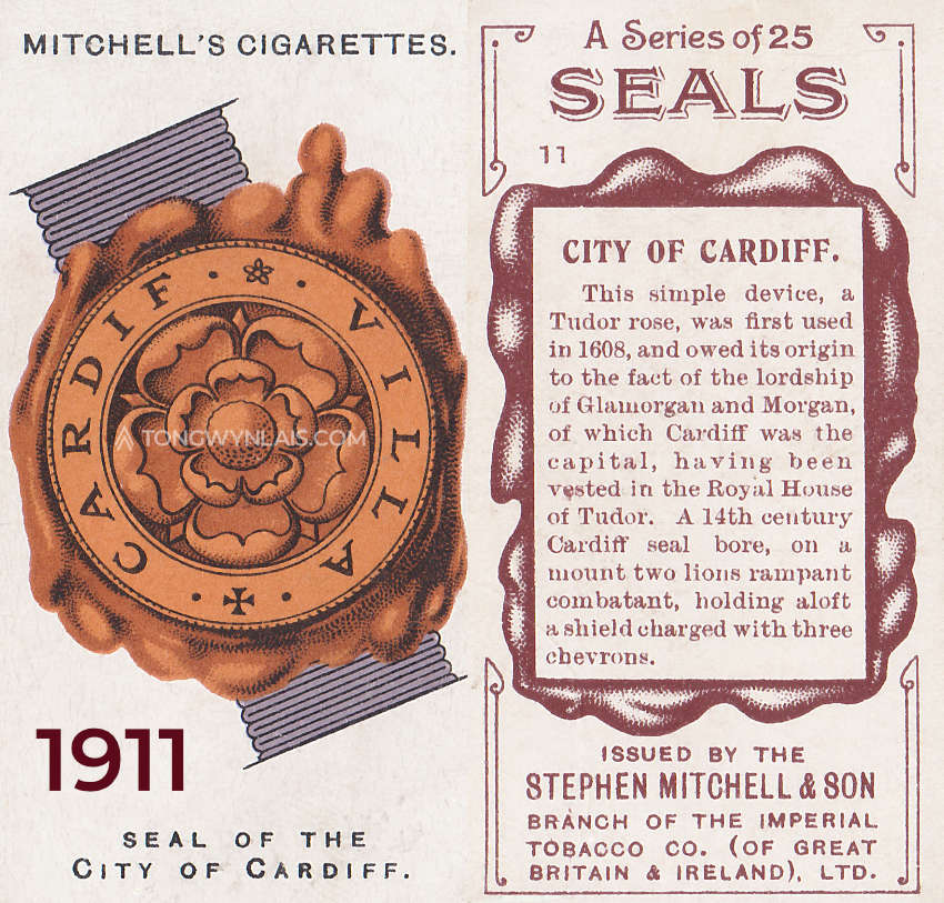 The front and back of a 1911 cigarette card that features the seal of Cardiff, a Tudor Rose.
