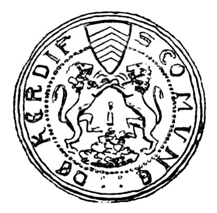 Cardiff's ancient seal featuring a pyramidical mount (or cairn of stones) two lions rampant combatant, supporting aloft a shield of arms; three chevrons, and legend in ornamental letters - "S' Comune De Kerdif"