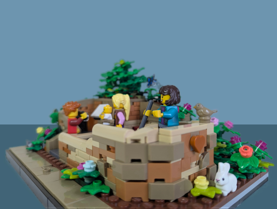 Lego model of the Tollhouse in Tongwynlais with minifigures