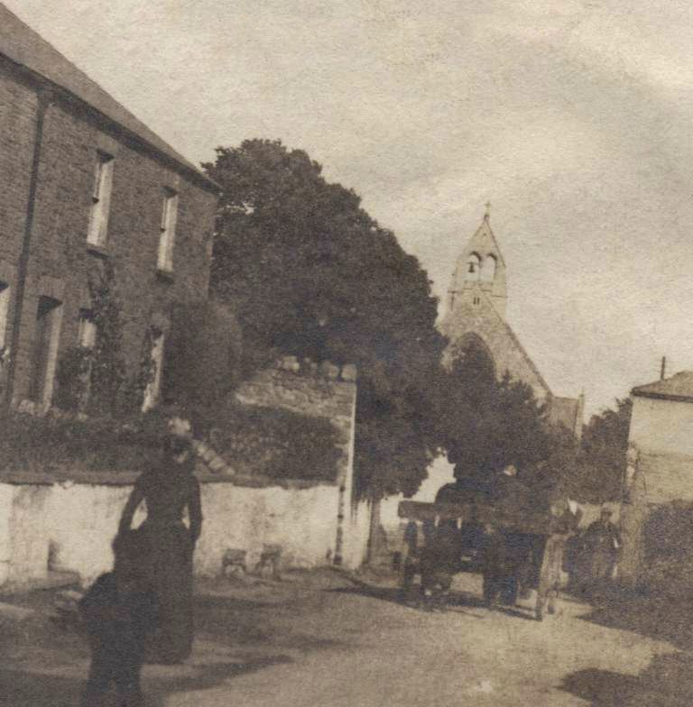 View of Tongwynlais from 1891 showing cottages and church with horse and cart