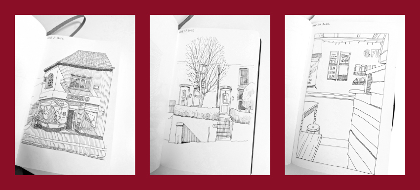 Collage of pen and ink sketches featuring buildings in Tongwynlais.