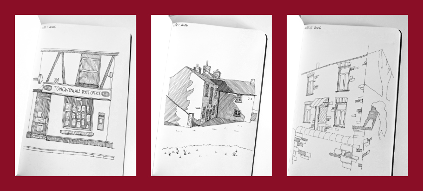 Collage of pen and ink sketches featuring buildings in Tongwynlais.