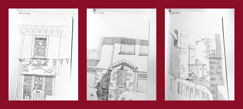 Collage of pen and ink sketches featuring buildings in Tongwynlais.