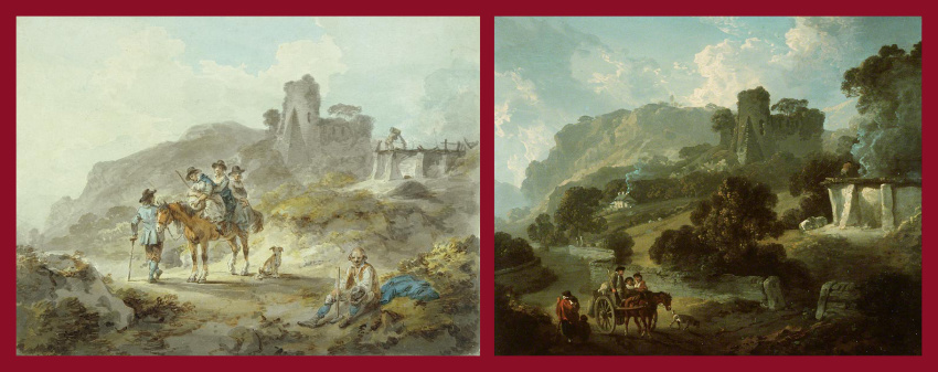 Collage of paintings by Julius Caesar Ibbetson. "A Party of Welsh Damsels" from 1792 and "Return from Market" 1808.